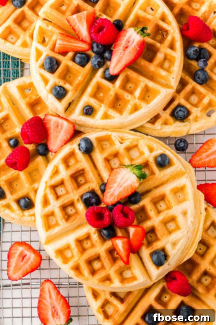 Authentic Belgian Waffles 2 Close up photo of Belgian waffles and fruit on a wire rack.