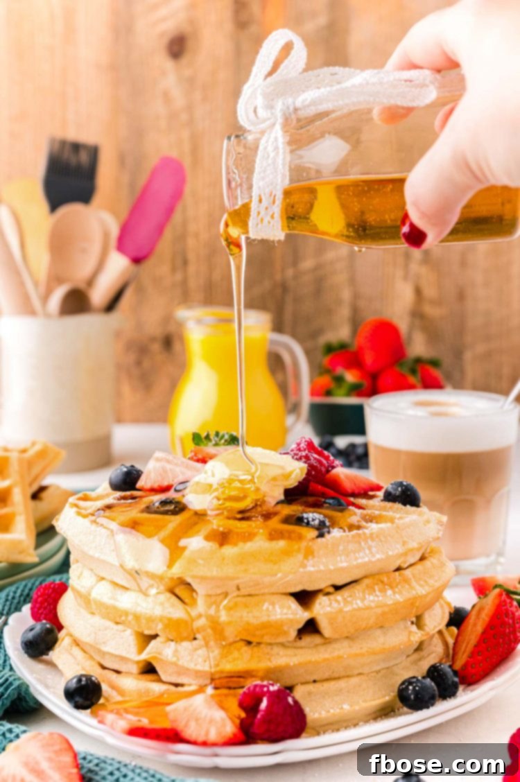 Authentic Belgian Waffles 3 Close up photo of a woman pouring maple syrup over the top of a stack of Belgian waffles.