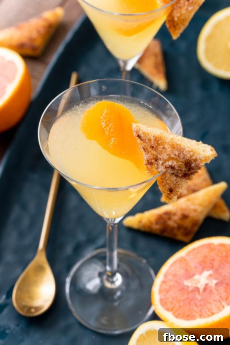 Breakfast Martini Simple Brunch Sipper 3 Close up photo of a breakfast martini garnished with cinnamon toast on a blue platter.