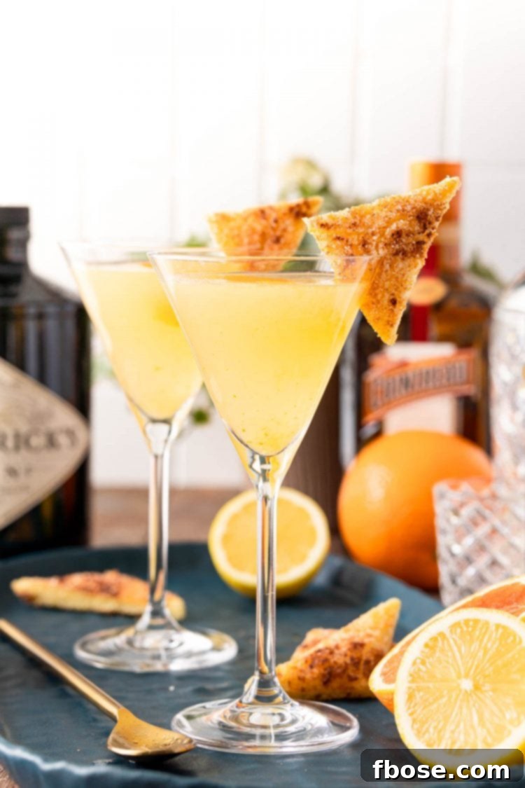 Breakfast Martini Simple Brunch Sipper 4 A breakfast martini on a blueb platter with lemons and a bottle of gin in the background.