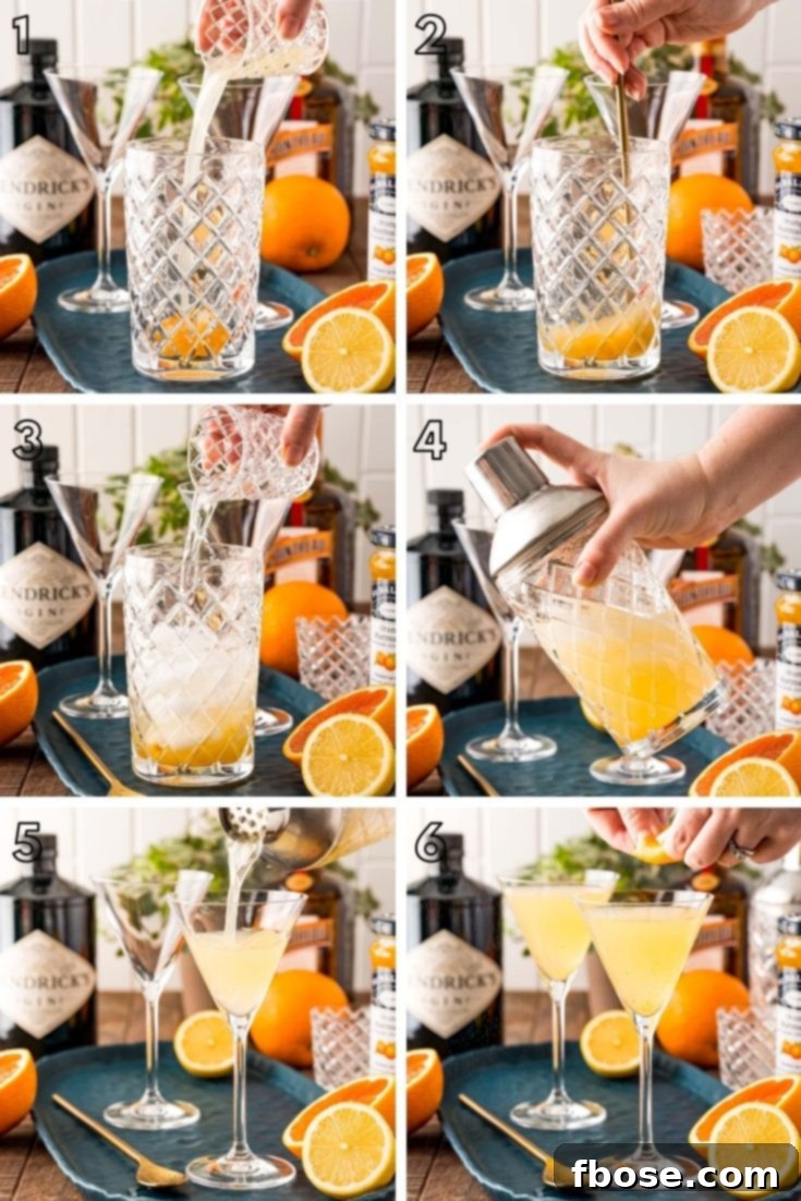 Breakfast Martini Simple Brunch Sipper 5 Step-by-step photos showing how to make a breakfast martini in a cocktail shaker.