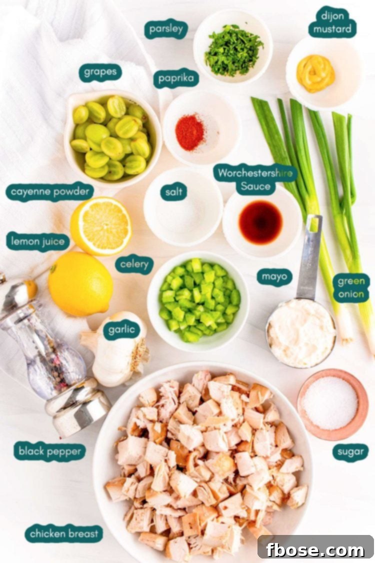 Orchard Chicken Salad 4 Ingredients to make chicken salad with grapes are prepped on a white countertop.