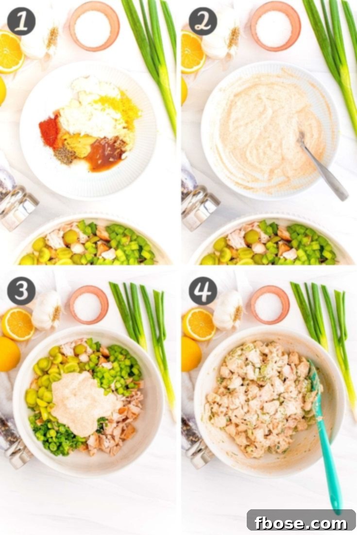 Orchard Chicken Salad 5 Step-by-step photo collage showing how to make chicken salad from scratch.