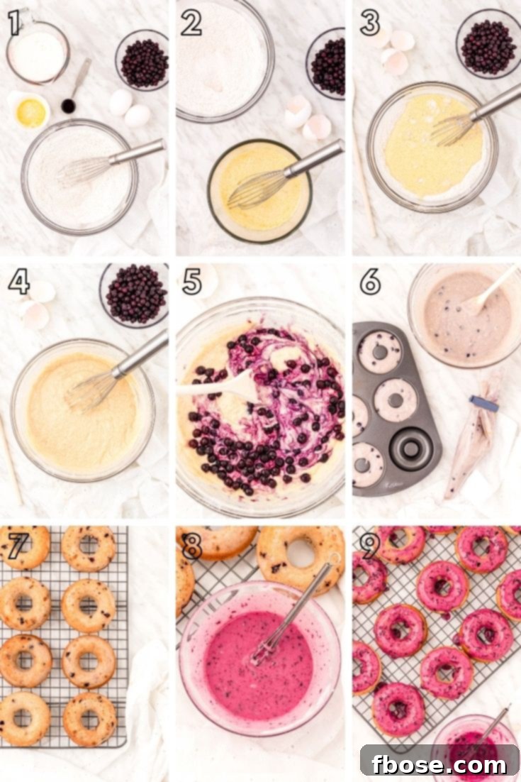 Step by step photo collage showing how to make blueberry donuts.