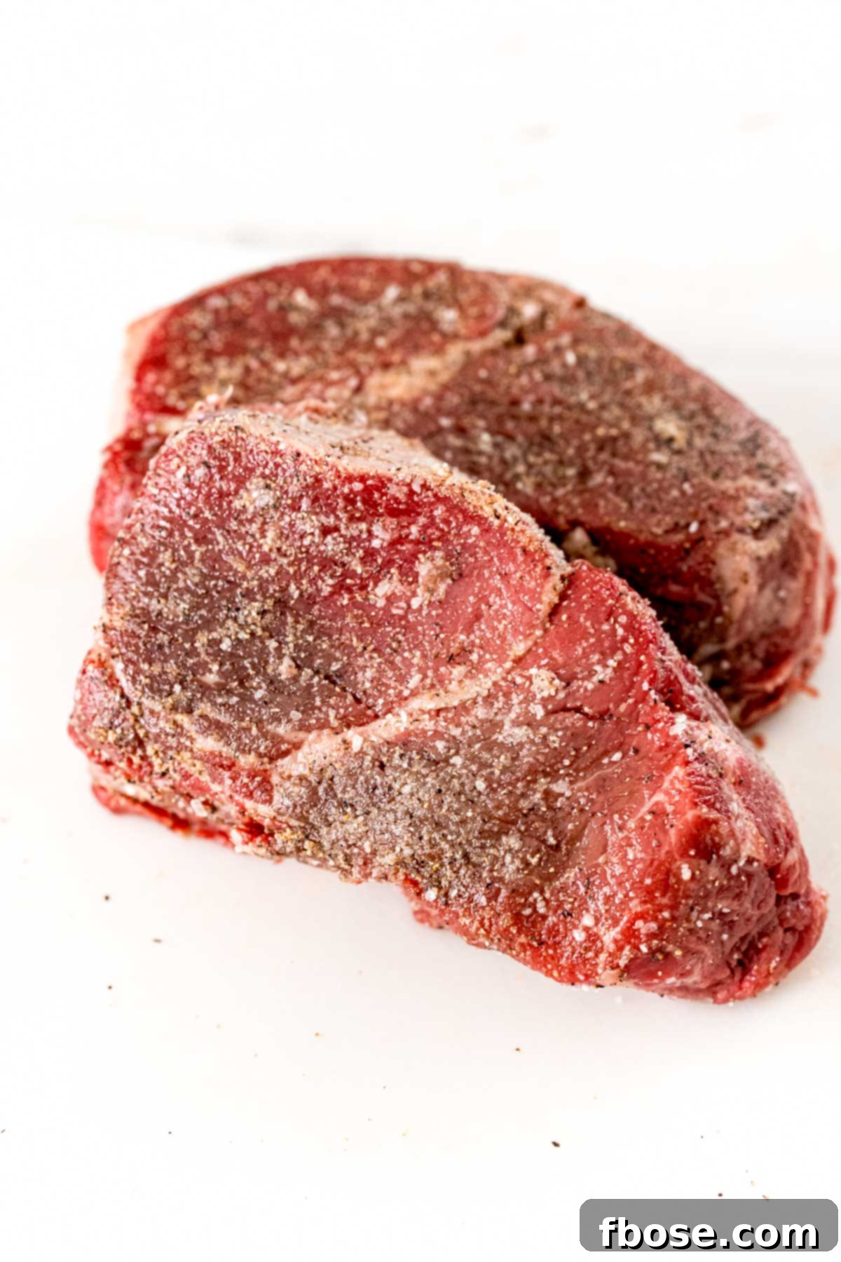 Raw filet mignon on a white cutting board seasoned with oil, salt, pepper, and garlic powder.