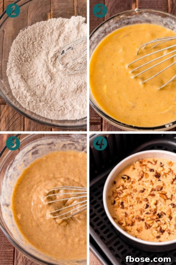 A step-by-step photo collage illustrating the process of baking banana bread in an air fryer, from mixing ingredients to the finished loaf.