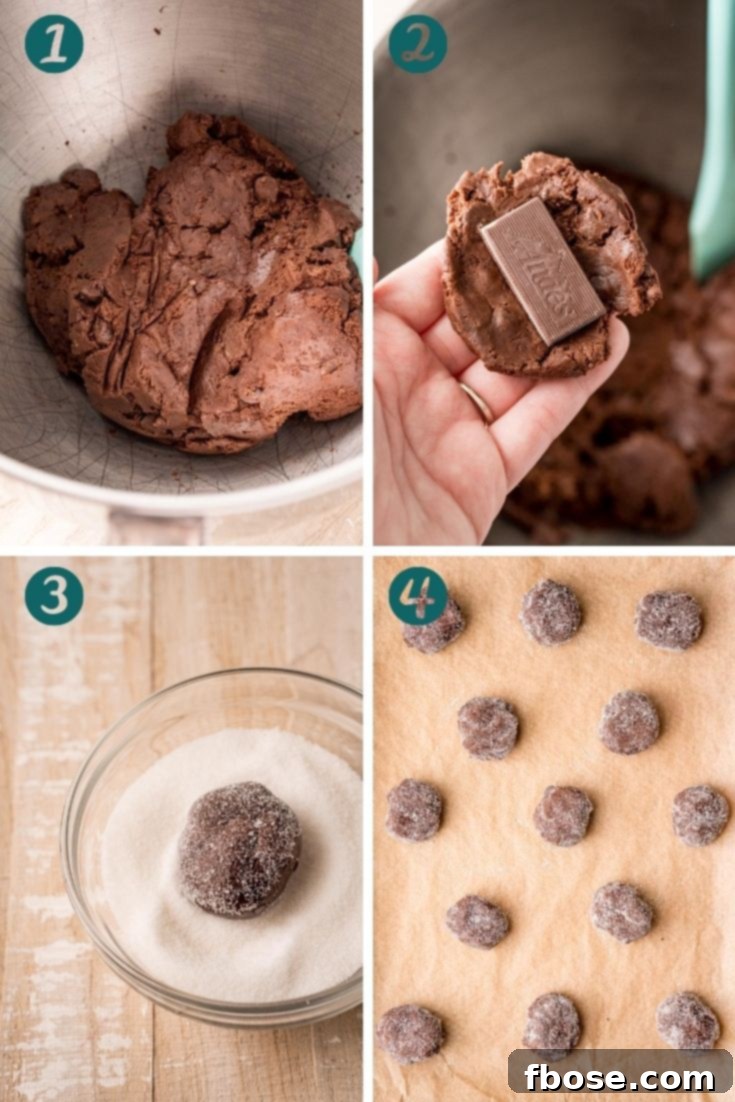 Step-by-step photo collage showing how to make mint chocolate cookies stuffed with Andes mints. 