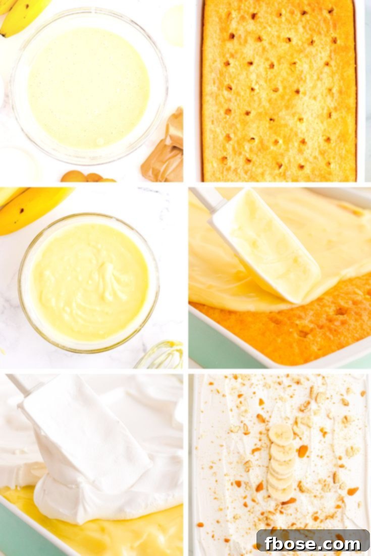 Step by step photo collage showing how to make banana poke cake.