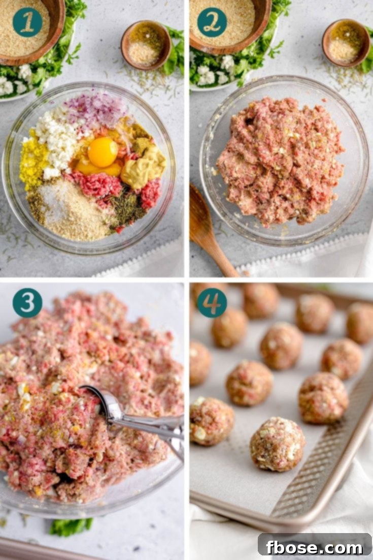 Step-by-step photo collage showing how to prepare and bake Greek meatballs, from mixing to forming to cooking.