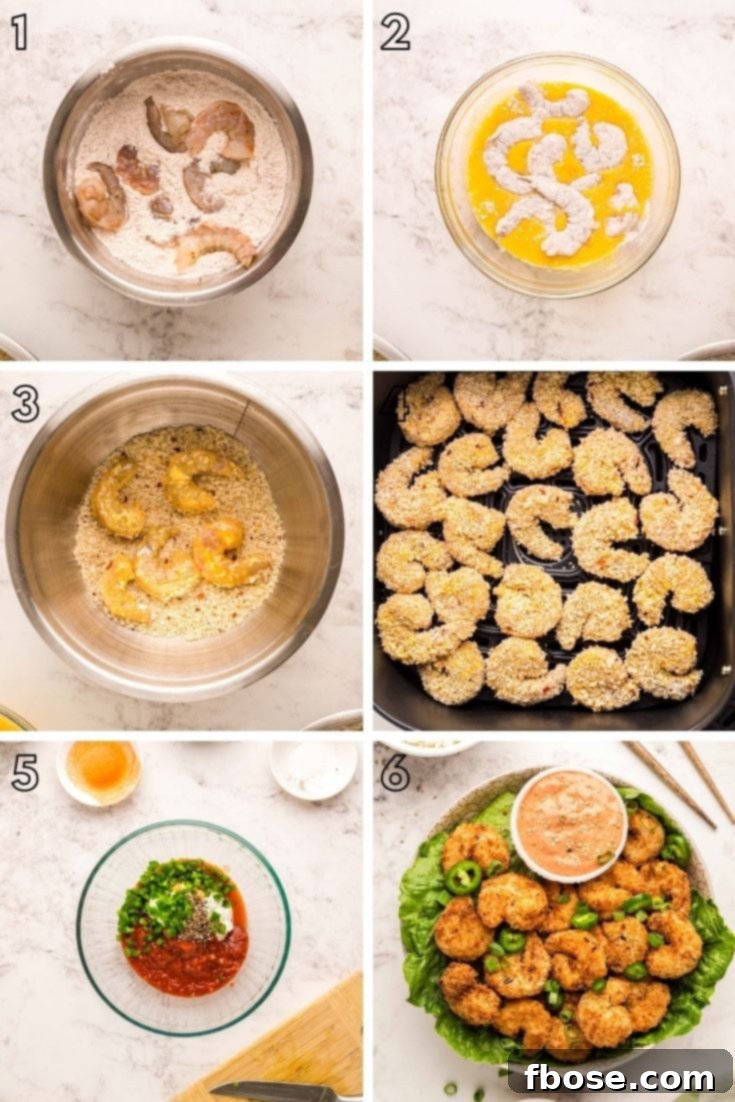 Step-by-step photo collage showing how to make air fryer shrimp.
