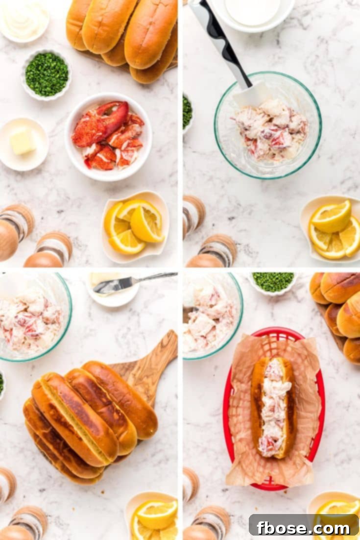 Step by step photo instructions showing how to make a Maine lobster roll.