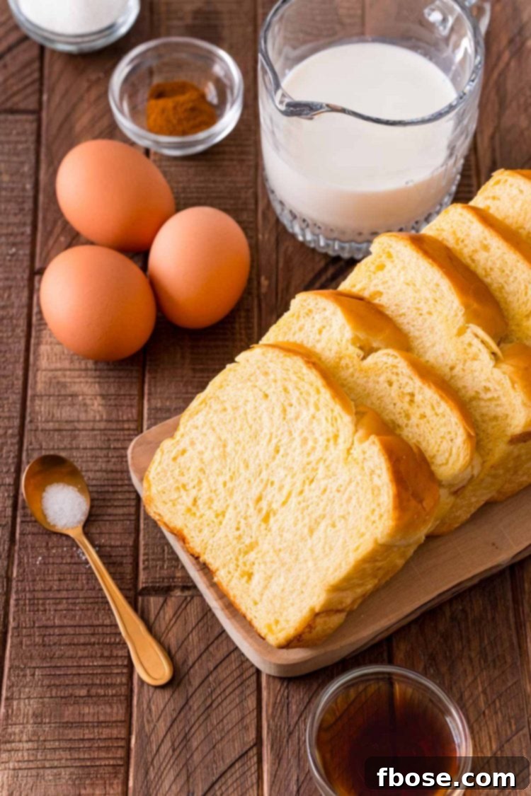 Close up photo of the fresh ingredients to make brioche French toast laid out on a rustic wooden table.