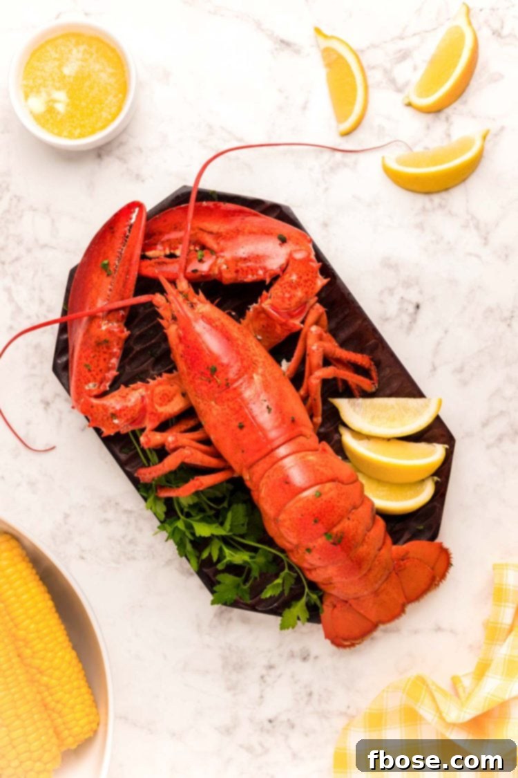 Overhead photo of a cooked lobster on a cutting board with lemon wedges and butter around it.