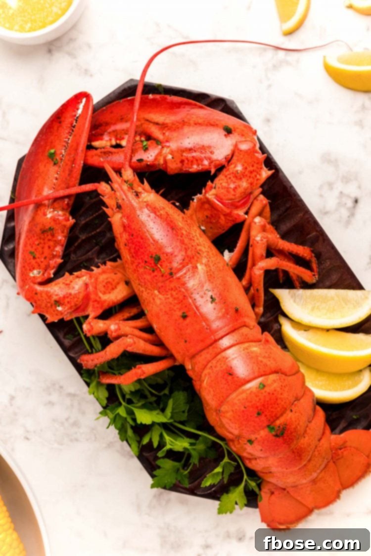 Close up photo of a steamed lobster on a cutting board with lemons.