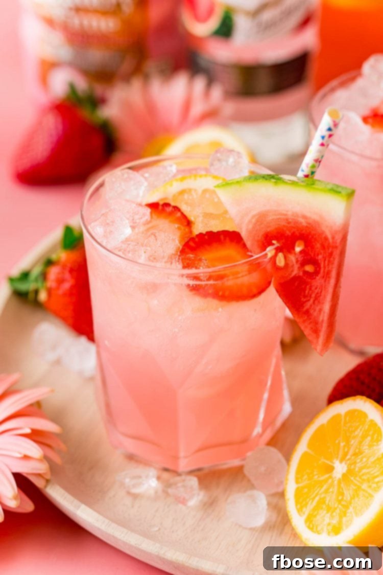 Groovy Nectar 7 A close-up photo of a glass of Hippie Juice cocktail, beautifully garnished with a slice of watermelon and fresh strawberries, inviting a refreshing sip.