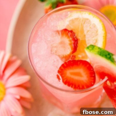 Groovy Nectar 8 A close-up photo of a glass with a pink cocktail in it garnished with strawberries and lemon.