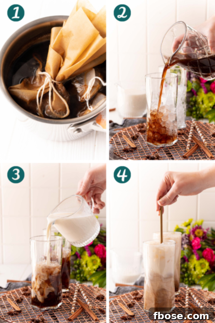 Step-by-step photo collage showing how to make iced chai latte.