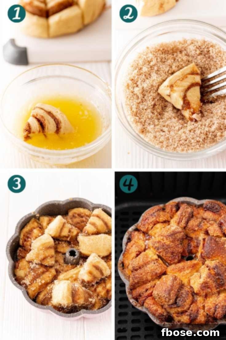 Step-by-step photo collage illustrating the process of making air fryer monkey bread, from cutting rolls to coating and frying.