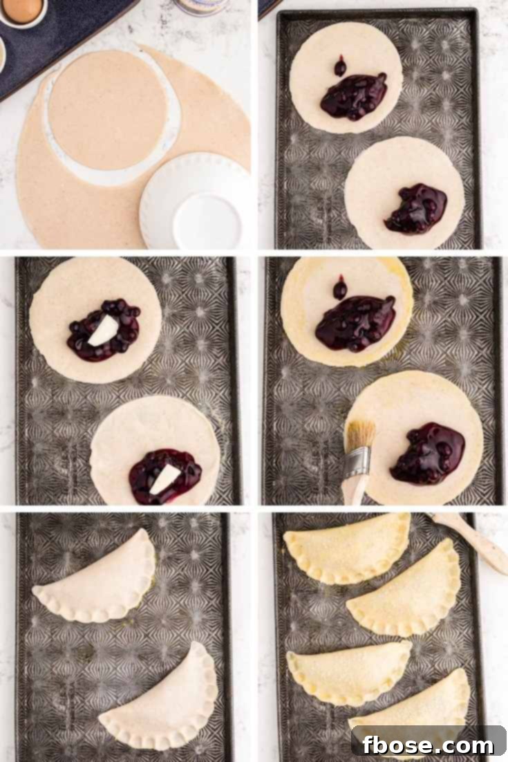 Step by step photo collage showing how to make blueberry hand pies.