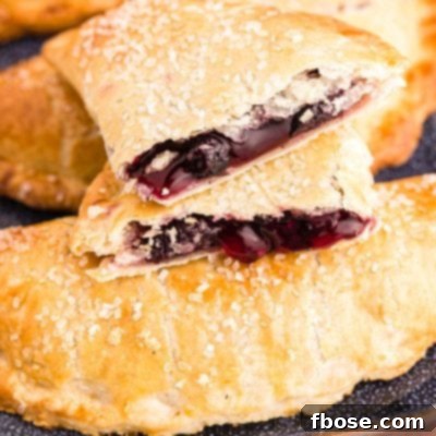 Close up photo of blueberry hand pies on a blue platter with one pie on top broken in half.