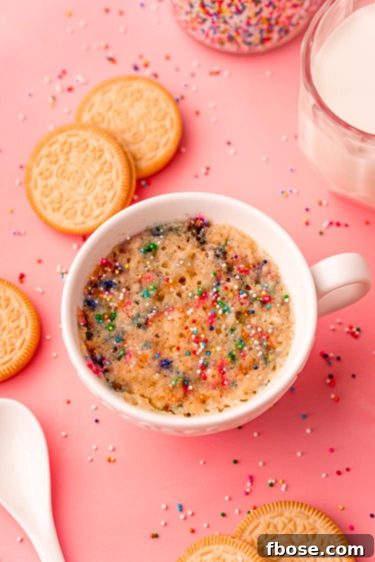 Golden Oreo Confetti Mug Cake 3 A funfetti mug cake in a white cup on a pink surface.