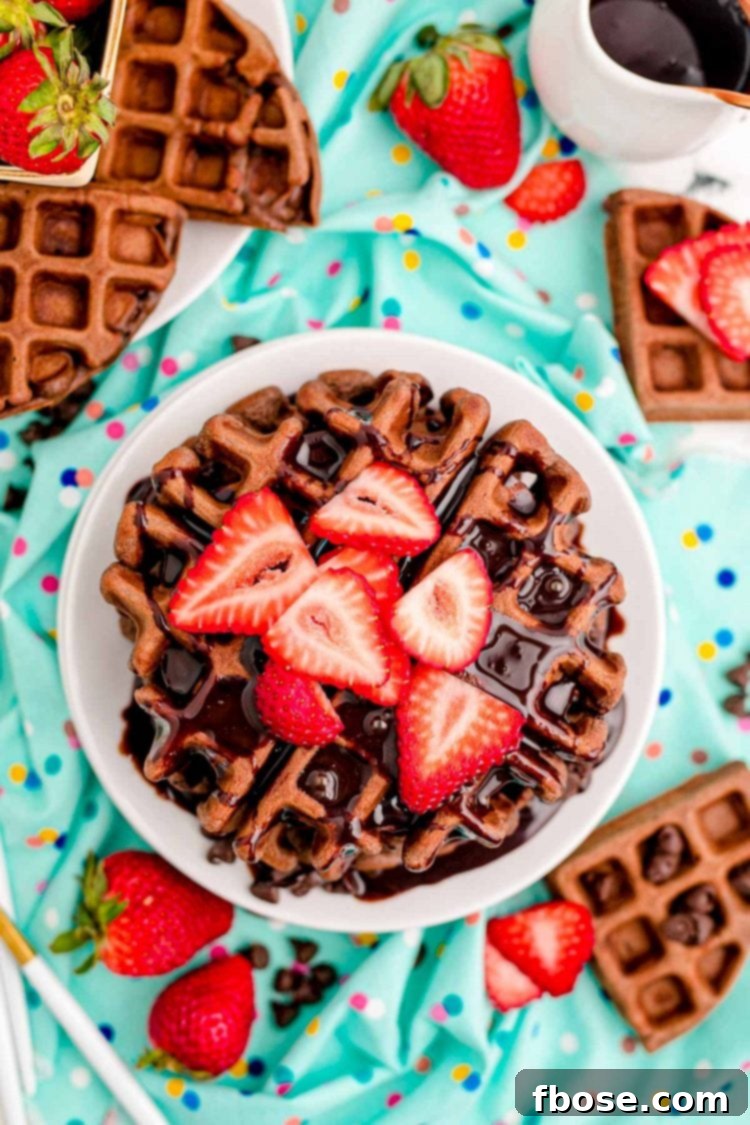 Overhead photo of a stack of chocolate waffles topped with chocolate syrup and strawberries.
