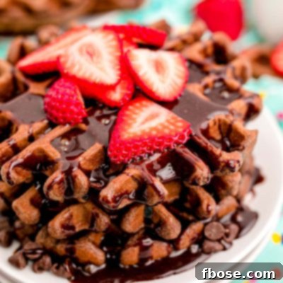 Close up photo of a stack of chocolate waffles with chocolate syrup and sliced strawberries on top.