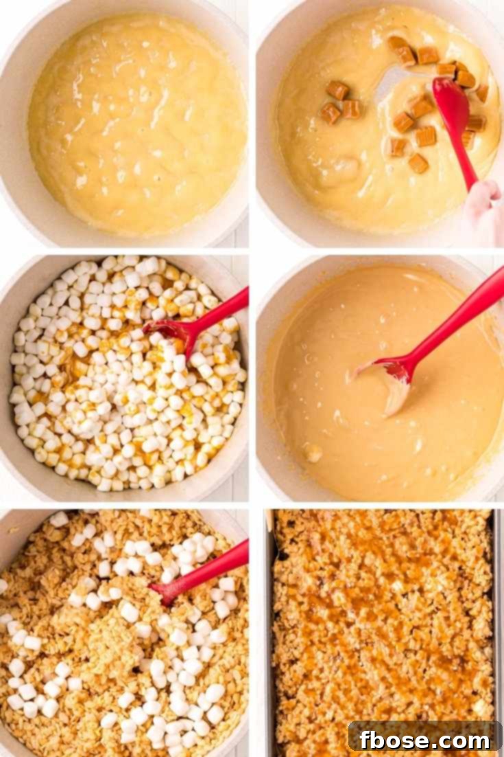 Salty-Sweet Caramel Crunch Bars 5 Step by step photo collage showing how to make caramel rice krispie treats.