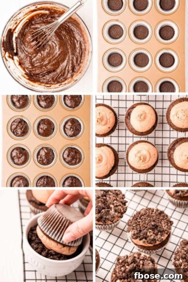 Step-by-step photo collage showing how to make Oreo Cupcakes, from ingredients to finished product.