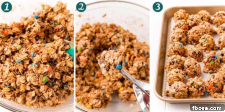 Step-by-step photo collage showing the process of making monster cookie energy balls, from mixing to chilling.