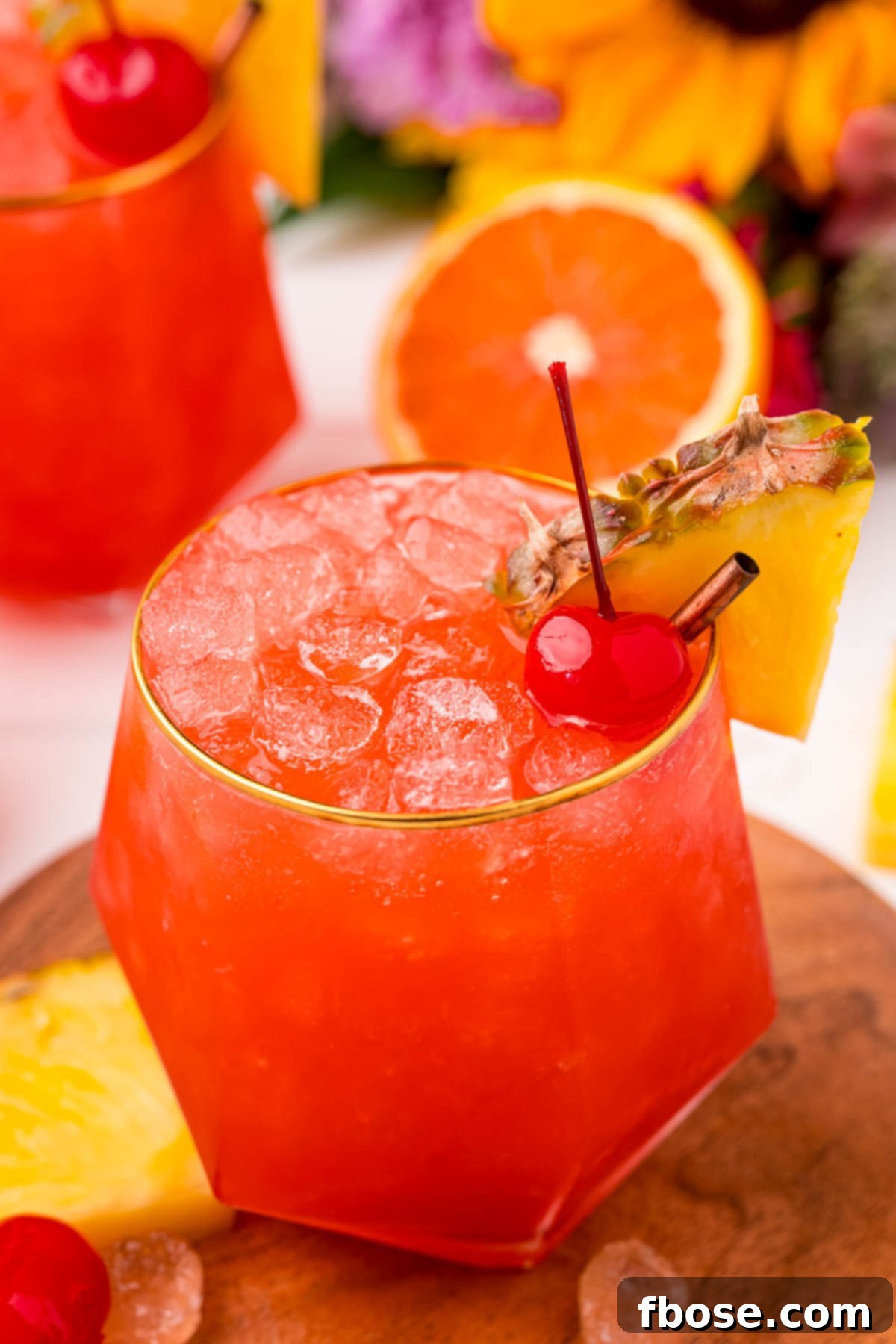 Close up photo of a gold rimmed glass with a bahama mama in it garnished with a maraschino cherry and a pineapple wedge.