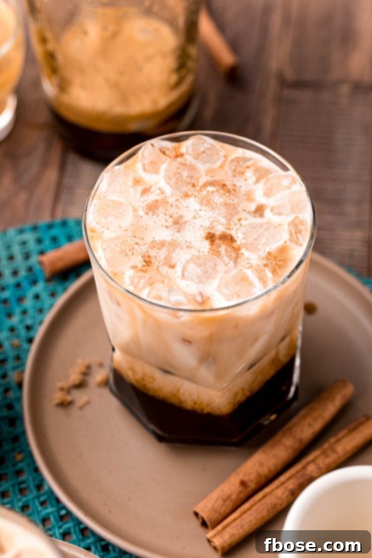 Close up photo of a brown sugar oatmilk shaken espresso on a brown plate with cinnamon sticks and brown sugar. The drink is in a tall glass, garnished with cinnamon.