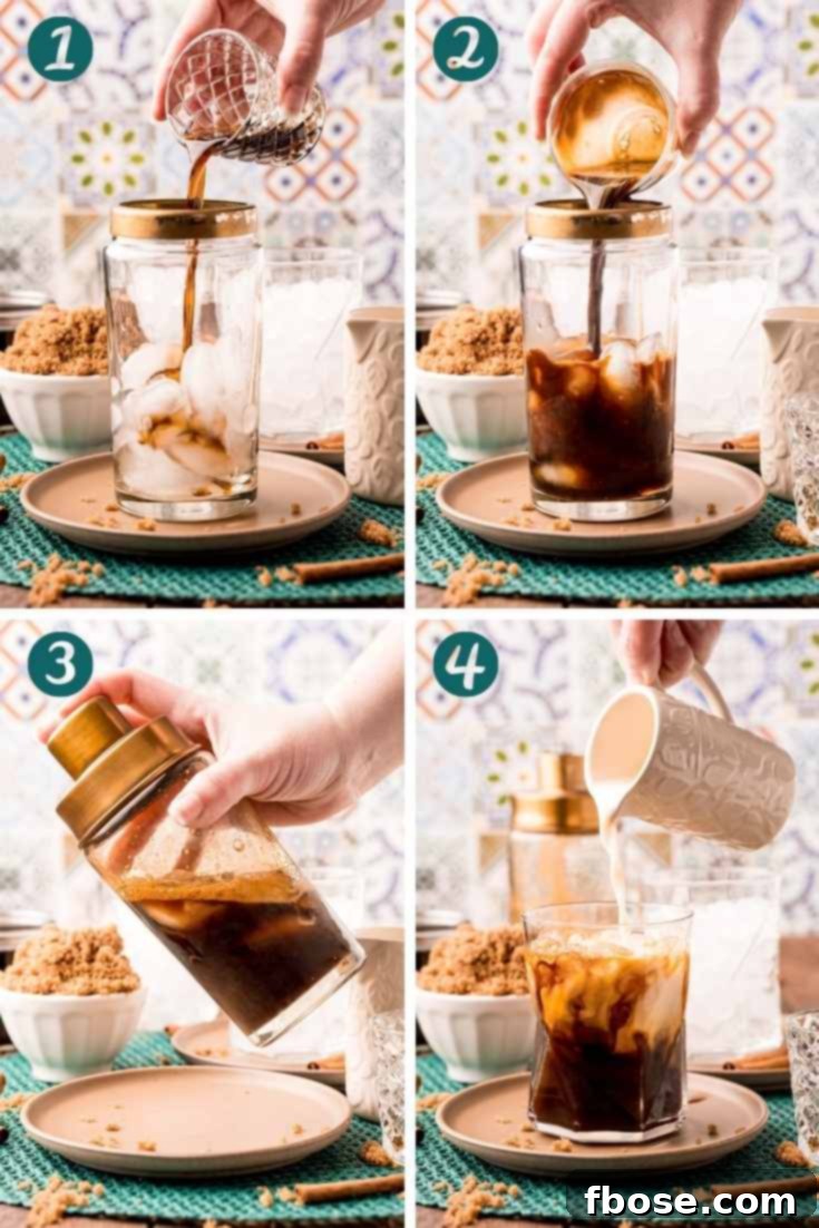 Step-by-step photo collage showing how to make a brown sugar oatmilk espresso at home, from shaking to pouring.