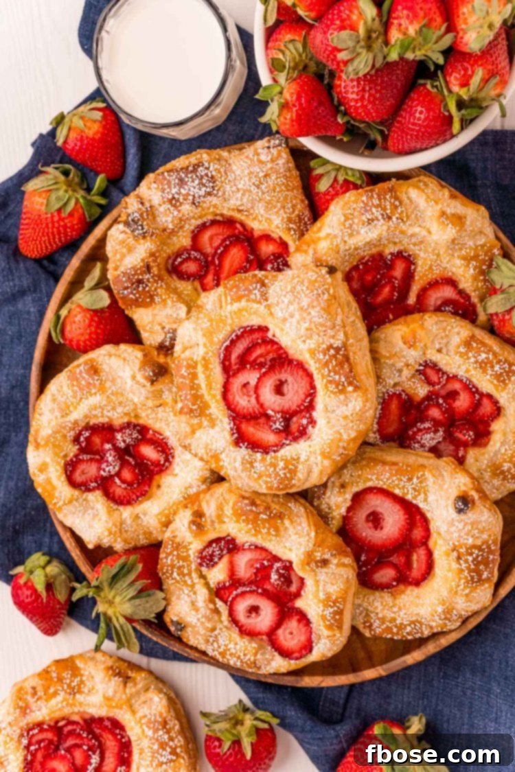 Overhead photo of freshly baked strawberry cheese danishes arranged on a wooden plate with a blue napkin.