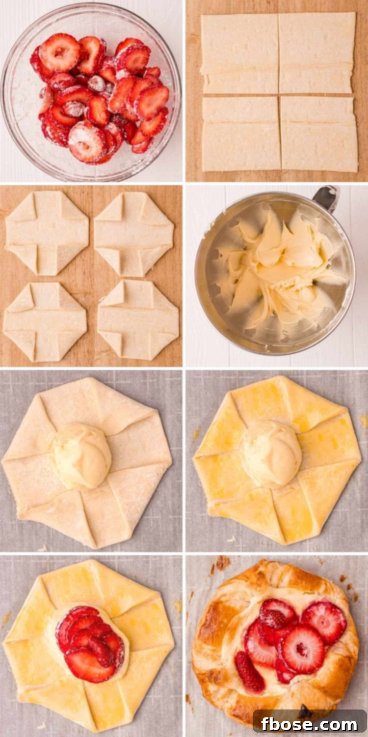 Step-by-step photo collage illustrating the process of making cheese danishes, from raw ingredients to finished product.