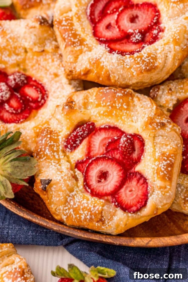 Close-up photo of strawberry cream cheese danishes on a wooden plate, highlighting the texture and topping.