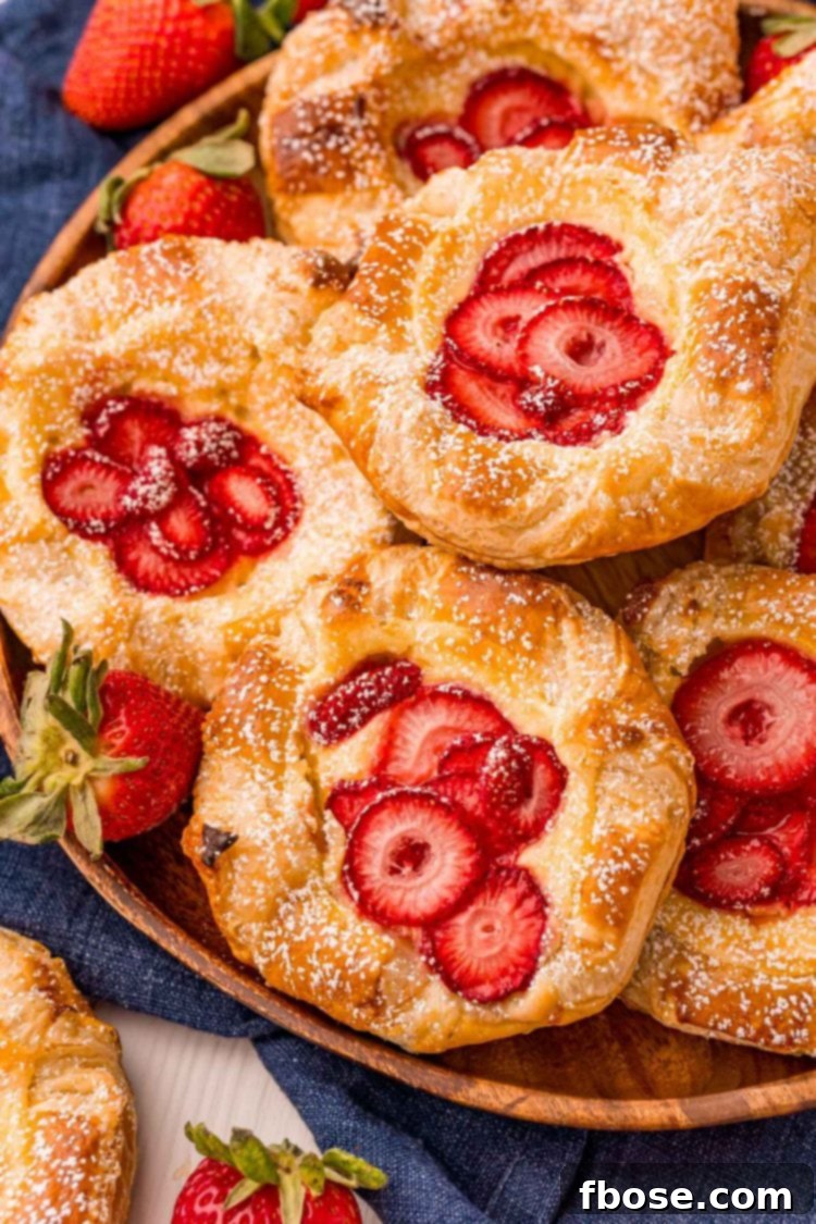 Close-up photo of strawberry danishes on a wooden plate set on a blue napkin, ready to be served.