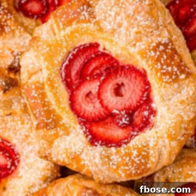 Close up photo of a strawberry danish on a pile of danishes.