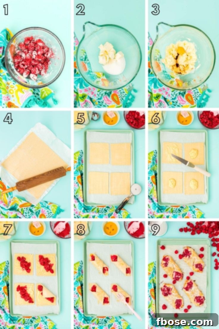 Step by step photo collage showing how to make raspberry danishes.
