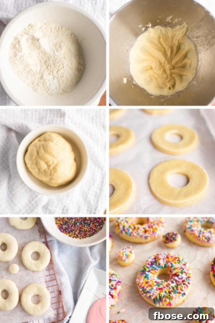 Step-by-step photo collage showing how to make donut cookies.