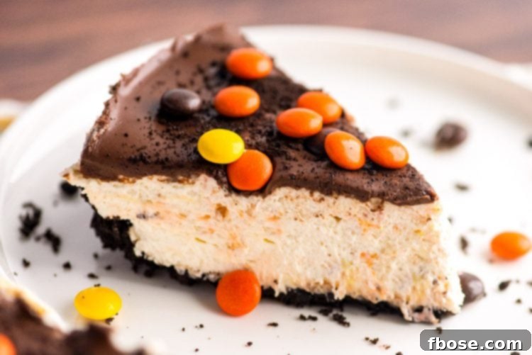 Close up photo of a slice of peanut butter cheesecake on a white plate.