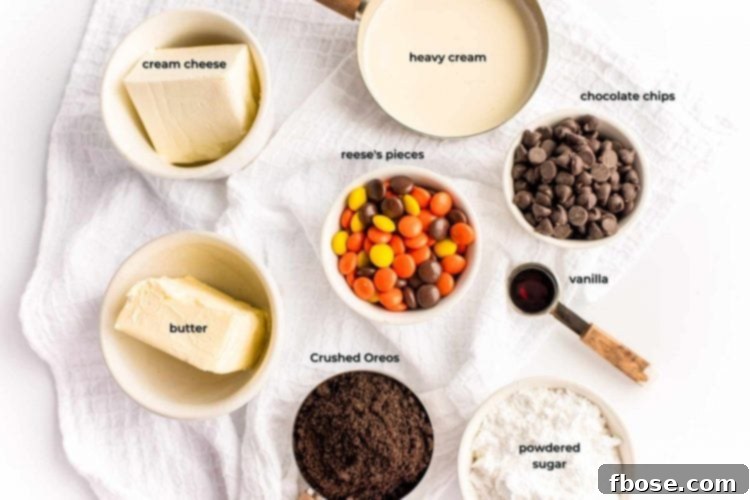 Overhead photo of ingredients prepped with make a no bake reese's peanut butter cheesecake.