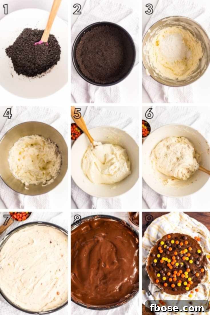Step-by-step photo collage showing how to make no bake peanut butter cheesecake.