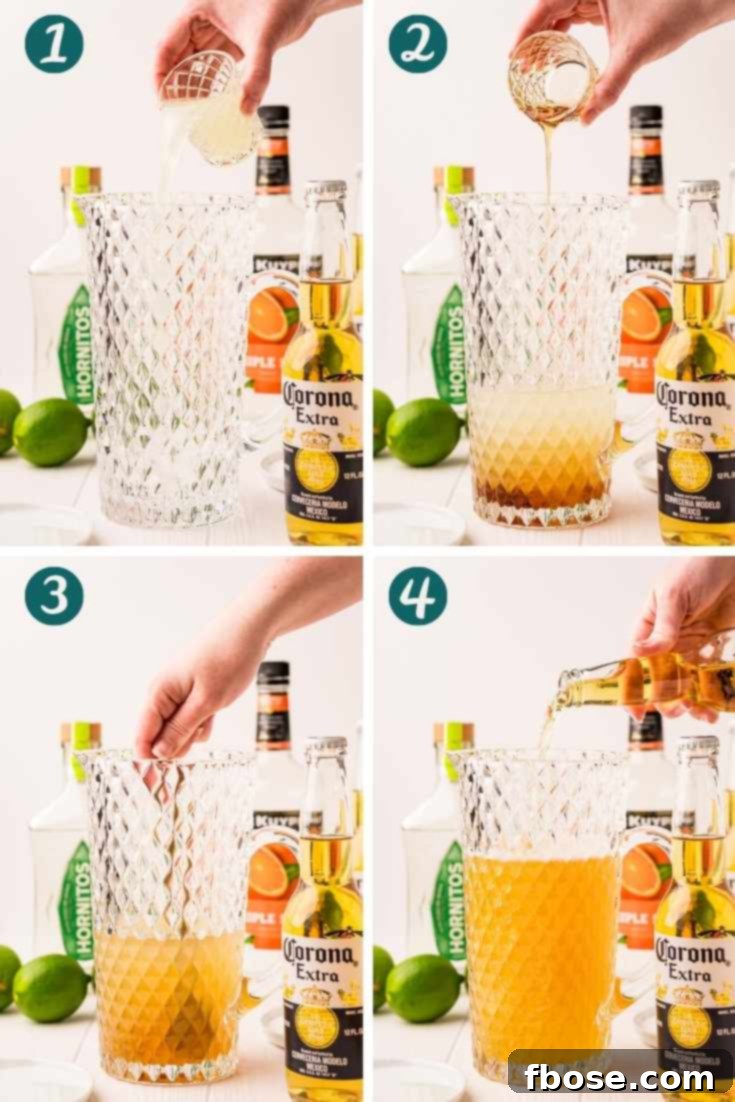 Step-by-step photo collage demonstrating the process of making Beer Margaritas, from mixing ingredients to garnishing the final drink.