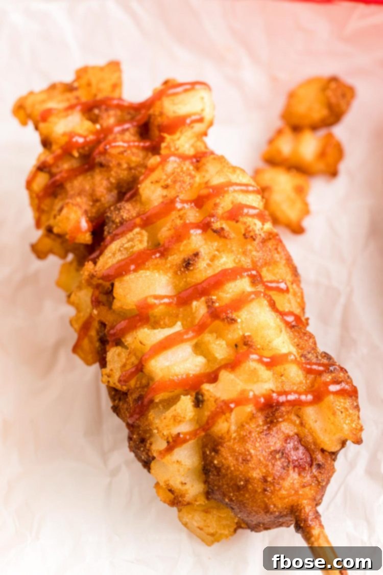 Close up photo of a Korean hot dog on parchment paper, showing the crispy French fry coating.