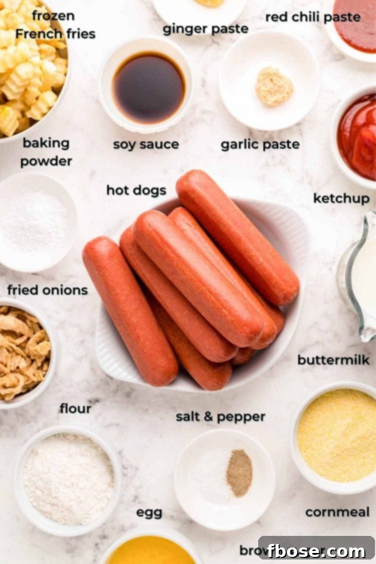 Ingredients used to make Korean corndogs laid out on a marble table.