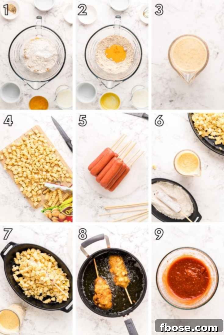 Step-by-step photo collage illustrating the process of making Korean hot dogs from batter to frying.