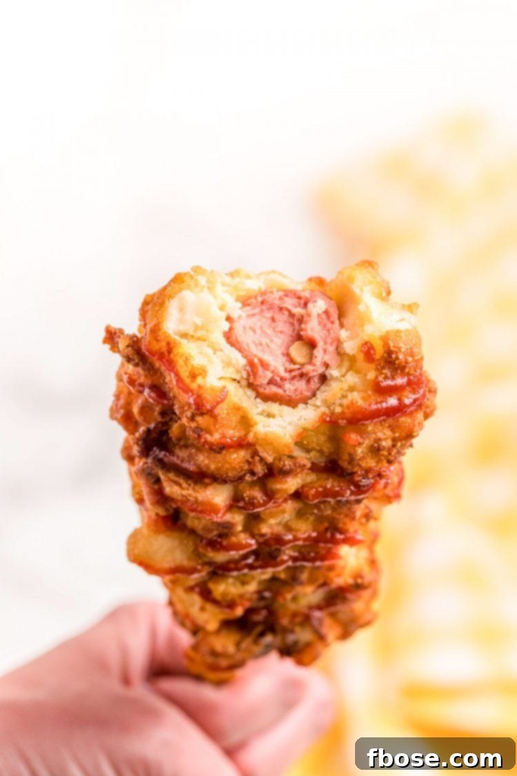 A woman's hand holding a Korean corndog with a bite taken out of it, revealing the hot dog inside and crispy potato coating.