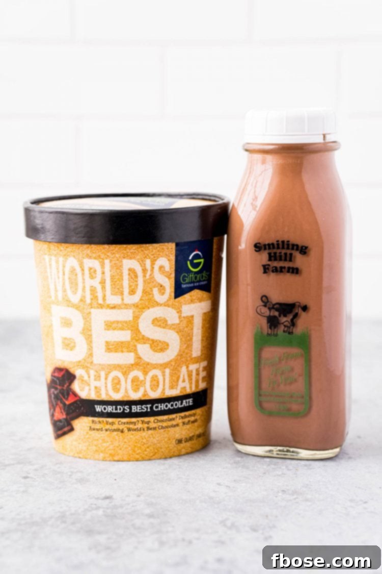 A simple yet elegant setup showing the two primary ingredients for a chocolate milkshake: chocolate ice cream and chocolate milk, placed beside a blender, ready for the quick and easy blending process.