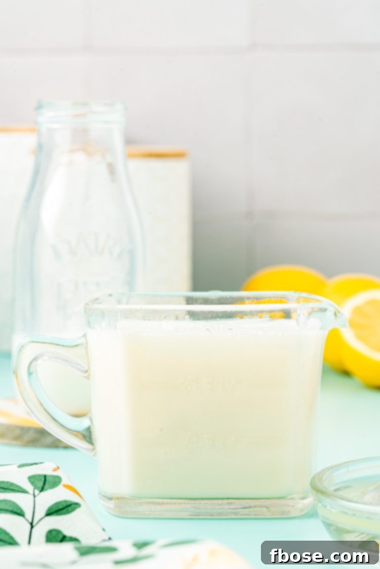 Measuring cup filled with a buttermilk substitute.